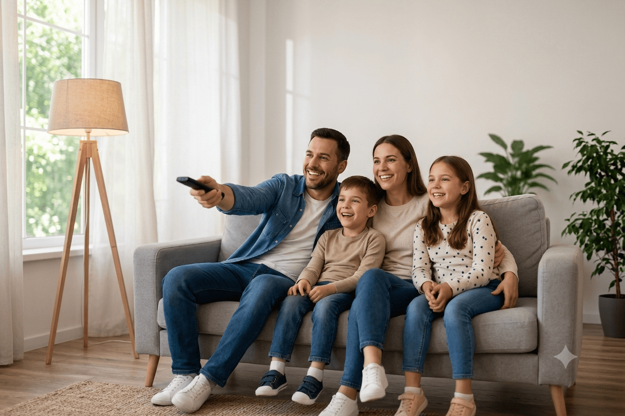 Famille heureuse regardant un film ensemble grâce au service IPTV